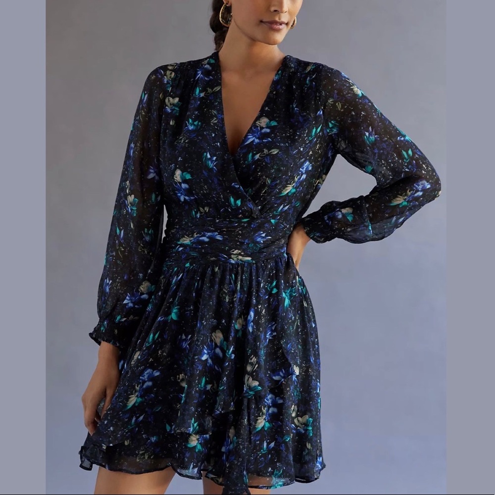 Anthropologie Ruched Black Floral Mini Dress Medium NWT